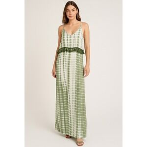 Strut & Bolt Green Tie Dye Fringe Trim Maxi Dress Boho Beach Spaghetti Strap S